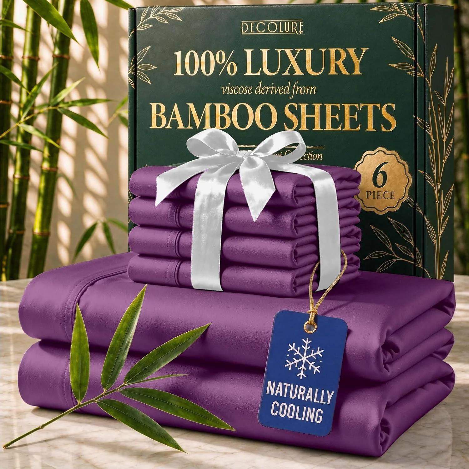 DECOLURE 100% Viscose from Bamboo Sheets King Size | 6 Pc Cooling Bed Set