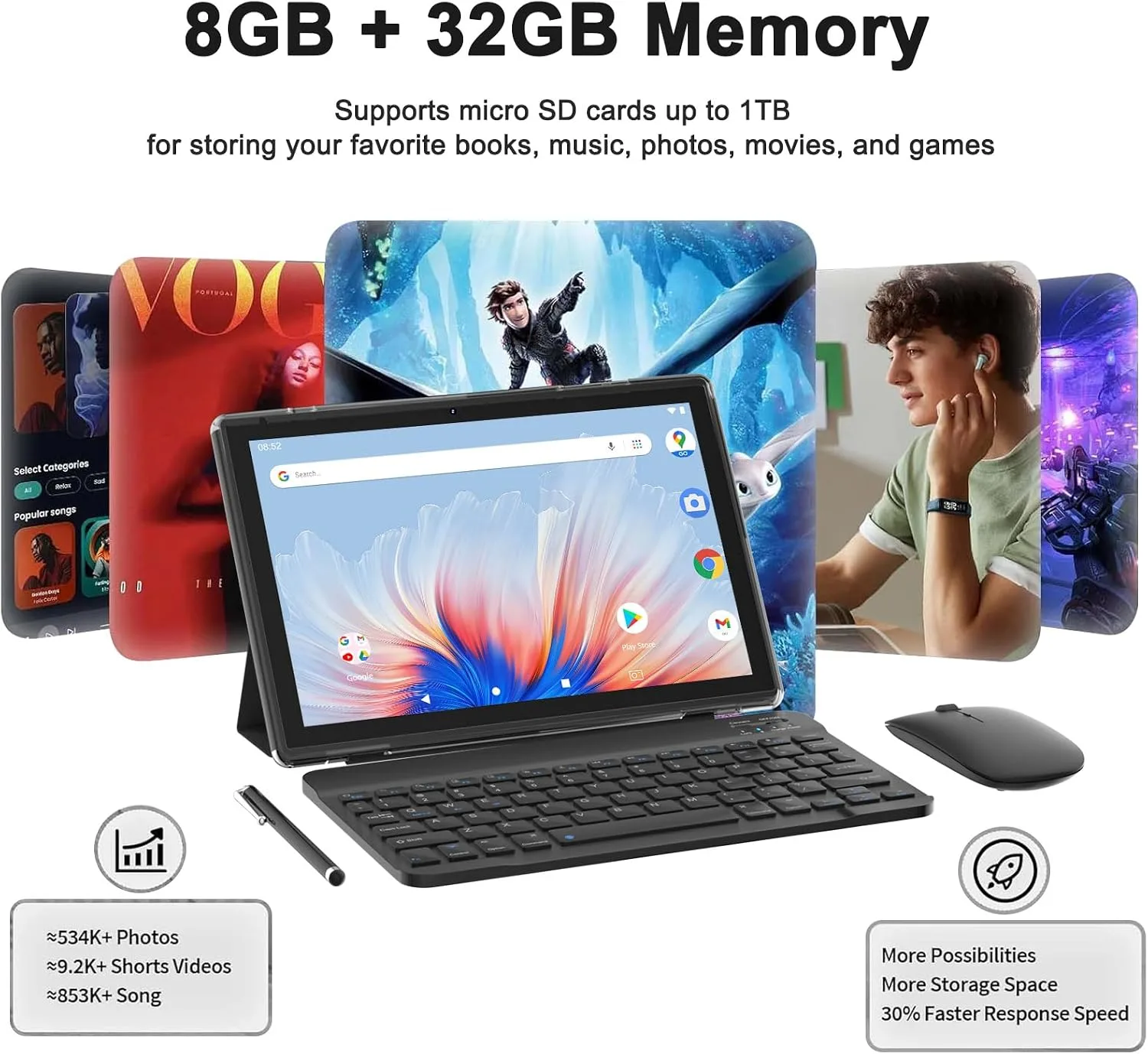 BYANDBY Android 14, 2 in 1 Tablet with Keyboard, 10 inch Tablets, 8GB+64GB/1TB Expand, 2.4G+5G+Wi-Fi 6, Dual Camera, 6000 mAh, BT, GMS, Games, with Case (Black)