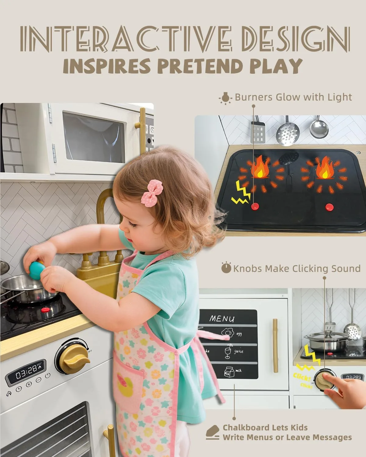 YUG Heavy-Duty Wooden Play Kitchen Set with Real Lights & Sounds, Compliant Premium Pretend Kitchen Toy Including Stove, Oven, Ice Maker, Range Hood, for Kids Ages 3+, ASTM CPSIA Compliant