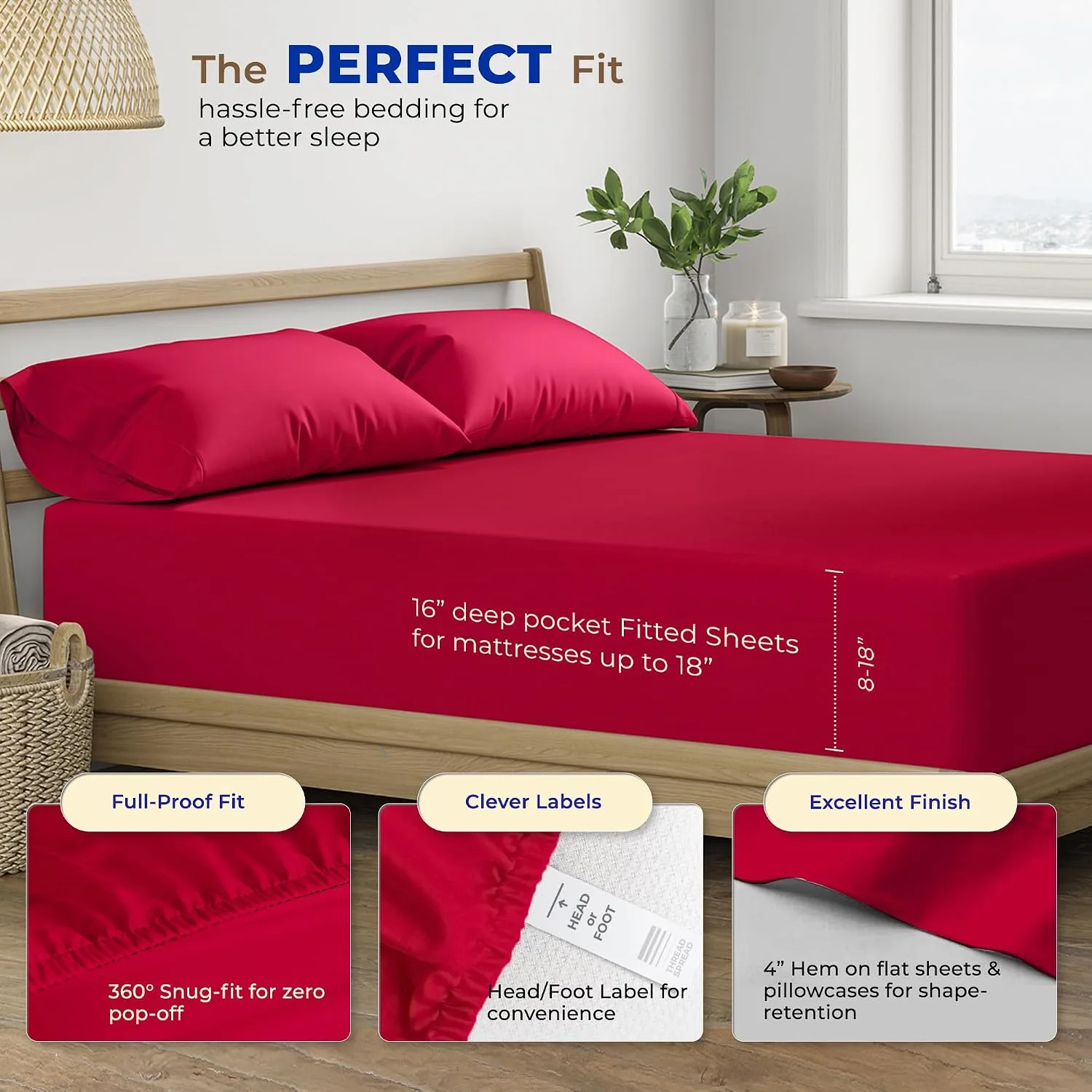 THREAD SPREAD Egyptian Cotton Sheets King Size - Luxury 600 Series King Size Sheets Set (4 PC, Red), 16" Deep Pocket All Around Elastic, Soft, Cooling, Sateen Weave, Durable Hotel Bed Sheet Sets