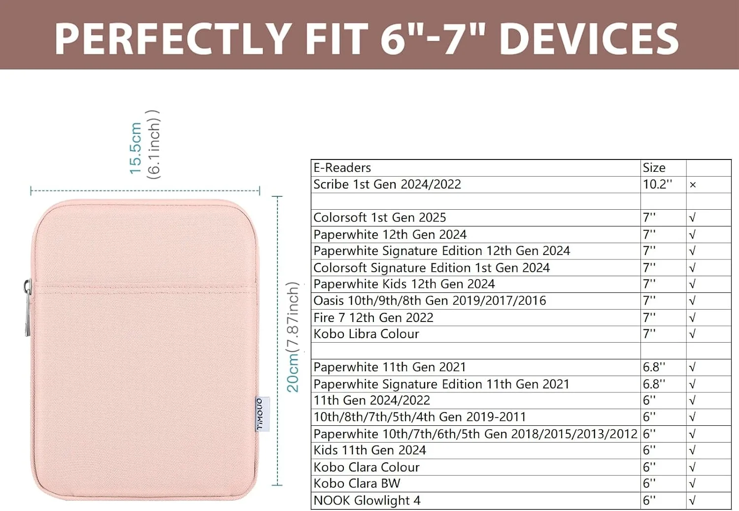 TiMOVO 6-7 Inch Sleeve Case for eReader Book, Pink