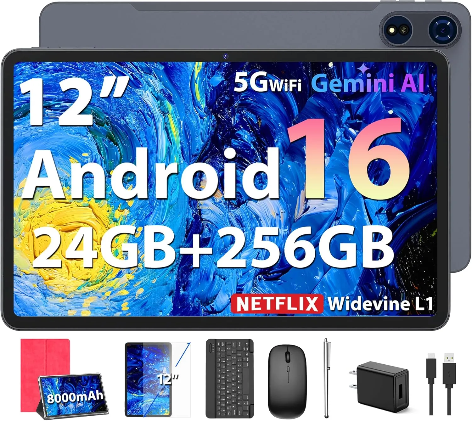 12 Inch Tablet - Android 16 Tablet with Keyboard, 24GB+256GB+2TB Expand
