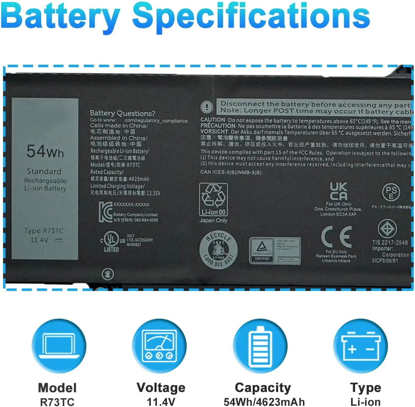 R73TC DR02P Battery for Dell Latitude 3340 5340 5350 5440 5540 7455 Series