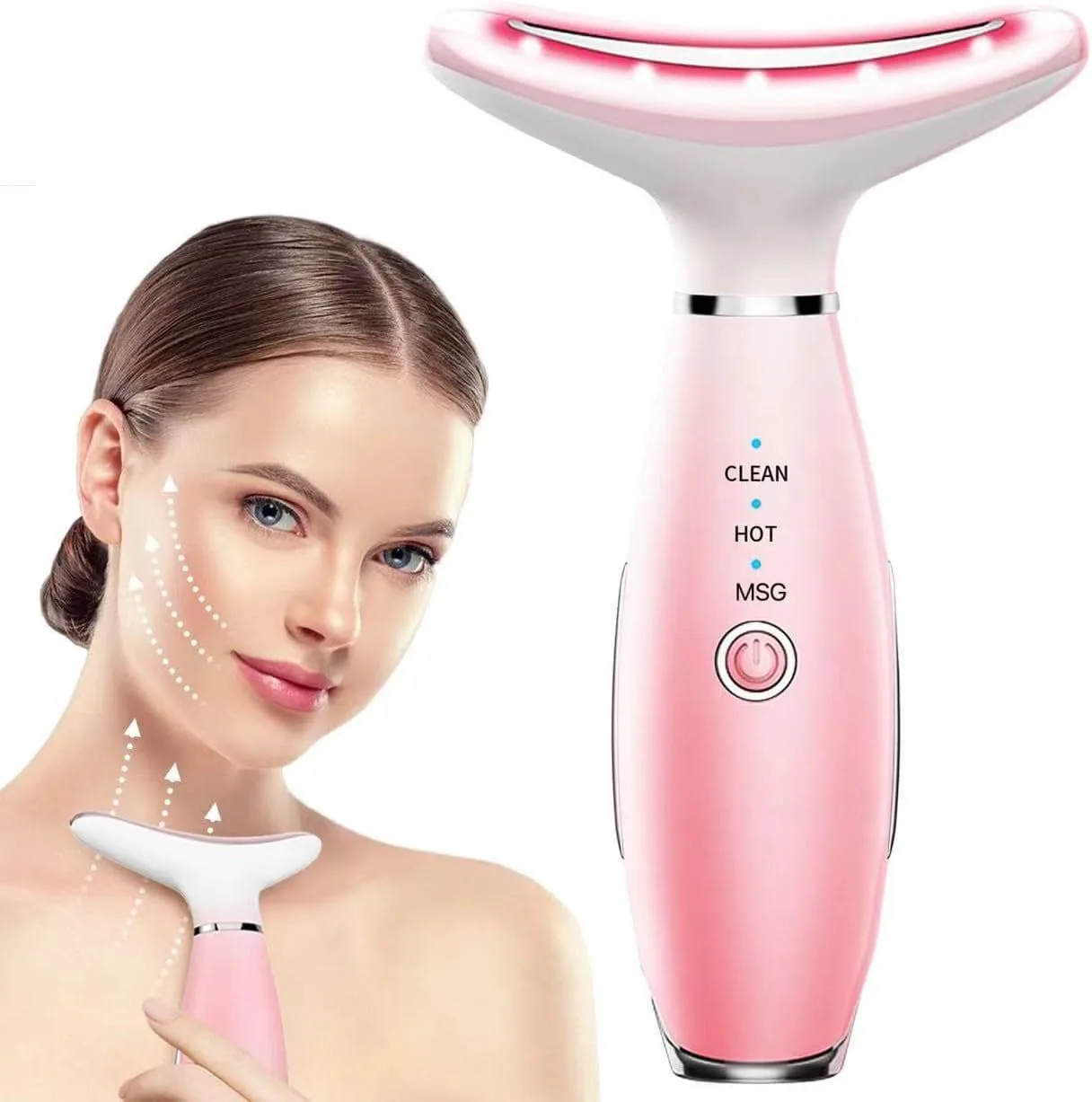 Face Massager -7 Color Red-Light-Therapy for Face and Neck for Wrinkles, Double Chin, Vibrating Facial Massage (Pink)