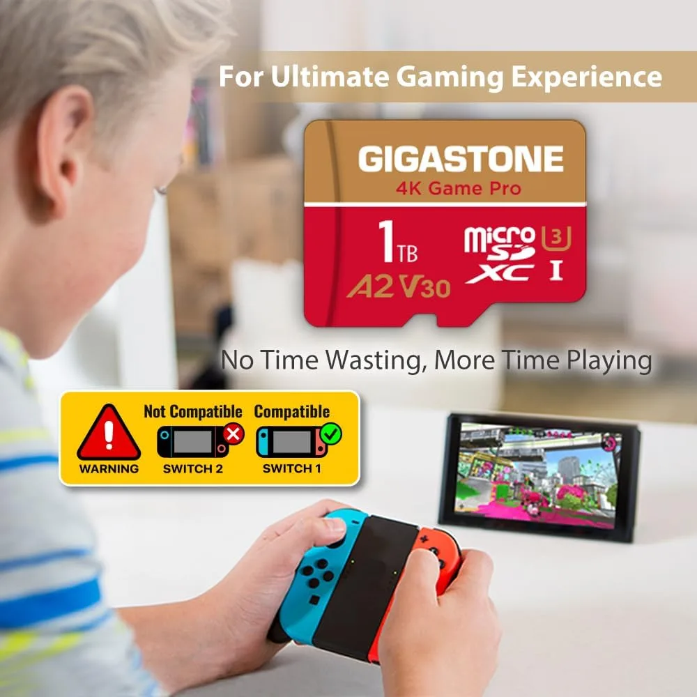 【for Switch 1 Only】 GIGASTONE 1TB Micro SD Card, 4K Game Pro, MicroSDXC Memory Card for Gaming Console, Action Camera, UHD Video, up to 150/130 MB/s, UHS-I U3 A2 V30 C10【5-Yrs Free Data Recovery】
