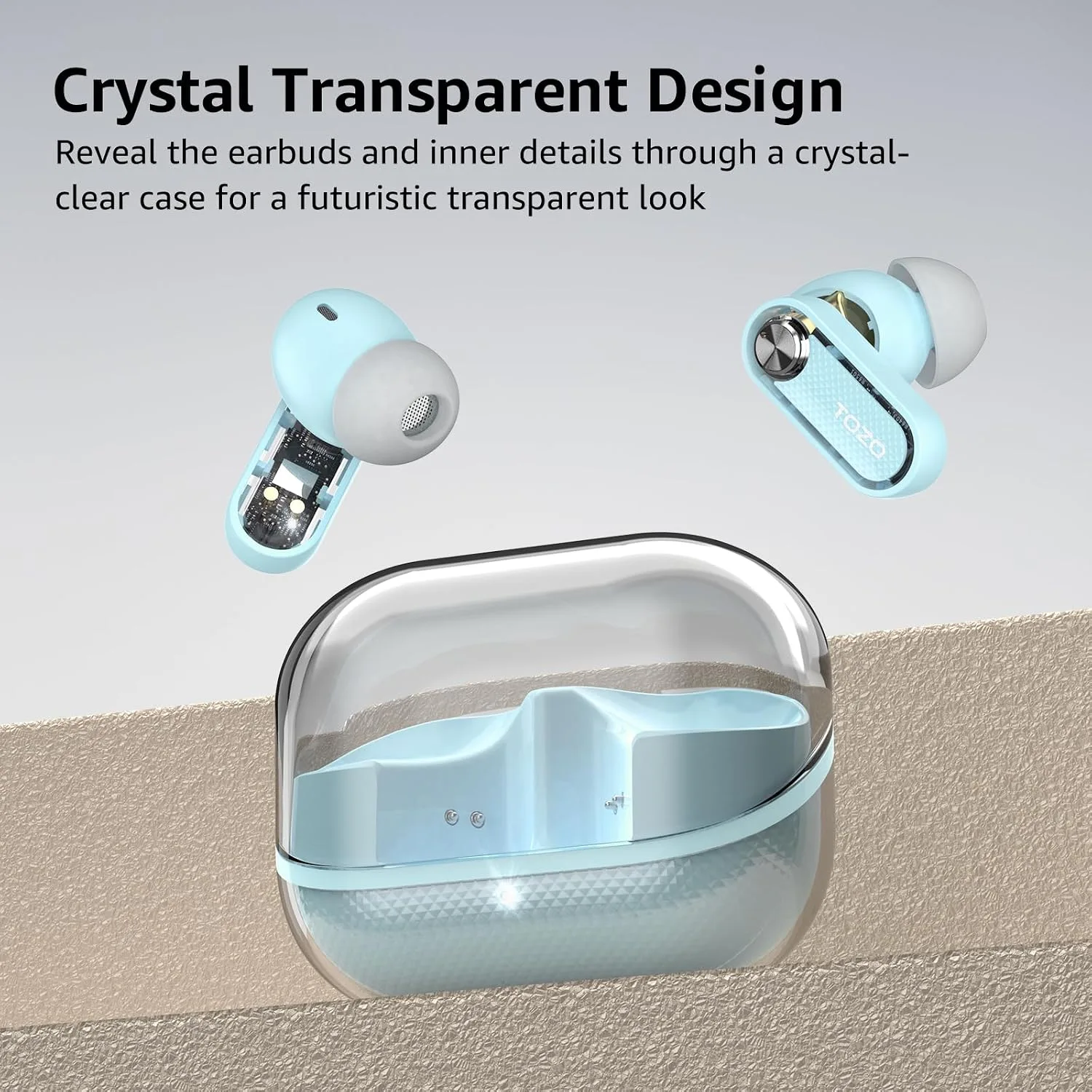 TOZO Crystal Pods Hybrid Active Noise Cancelling Wireless Earbuds, Blue
