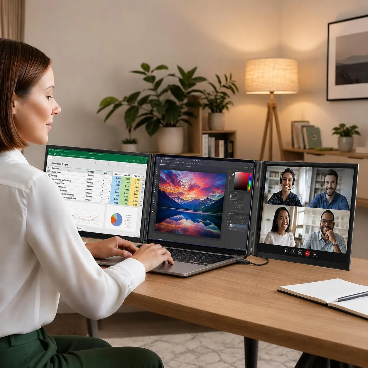 APILDELLA 16" Triple Laptop Screen Extender, 1200P 16:10 Portable Dual Monitor for Laptop USB C HDMI, 0.2" Ultra-Slim & 4 lbs, Plug-Play Monitor Extender for Mac/Windows, Fit 13"-17.3" Laptops