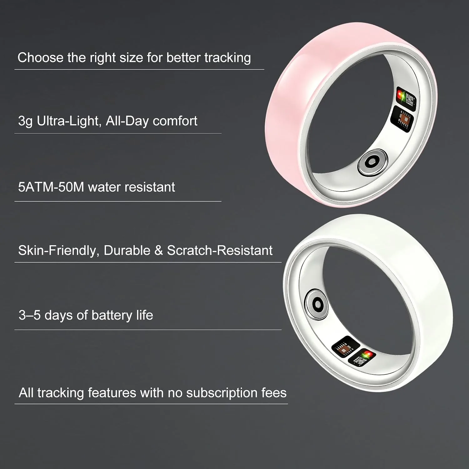 Ceramic Smart Ring for Women Men, Health Tracker Ring, No App Fee, White,8