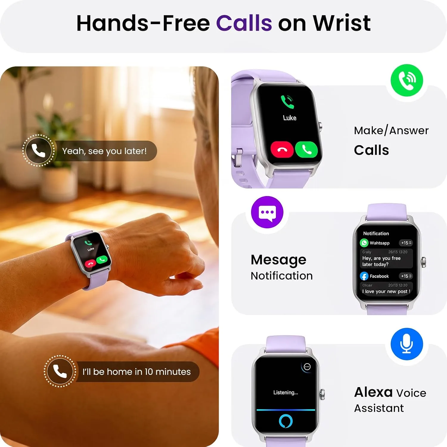 Fitpolo Smart Watches for Women Men, Alexa Built-in 1.8" Fitness Tracker Watch for Android iOS, Waterproof Activity Trackers with 100 Sports, GPS via Phone, Heart Rate Sleep SpO2 Monitor - Purple