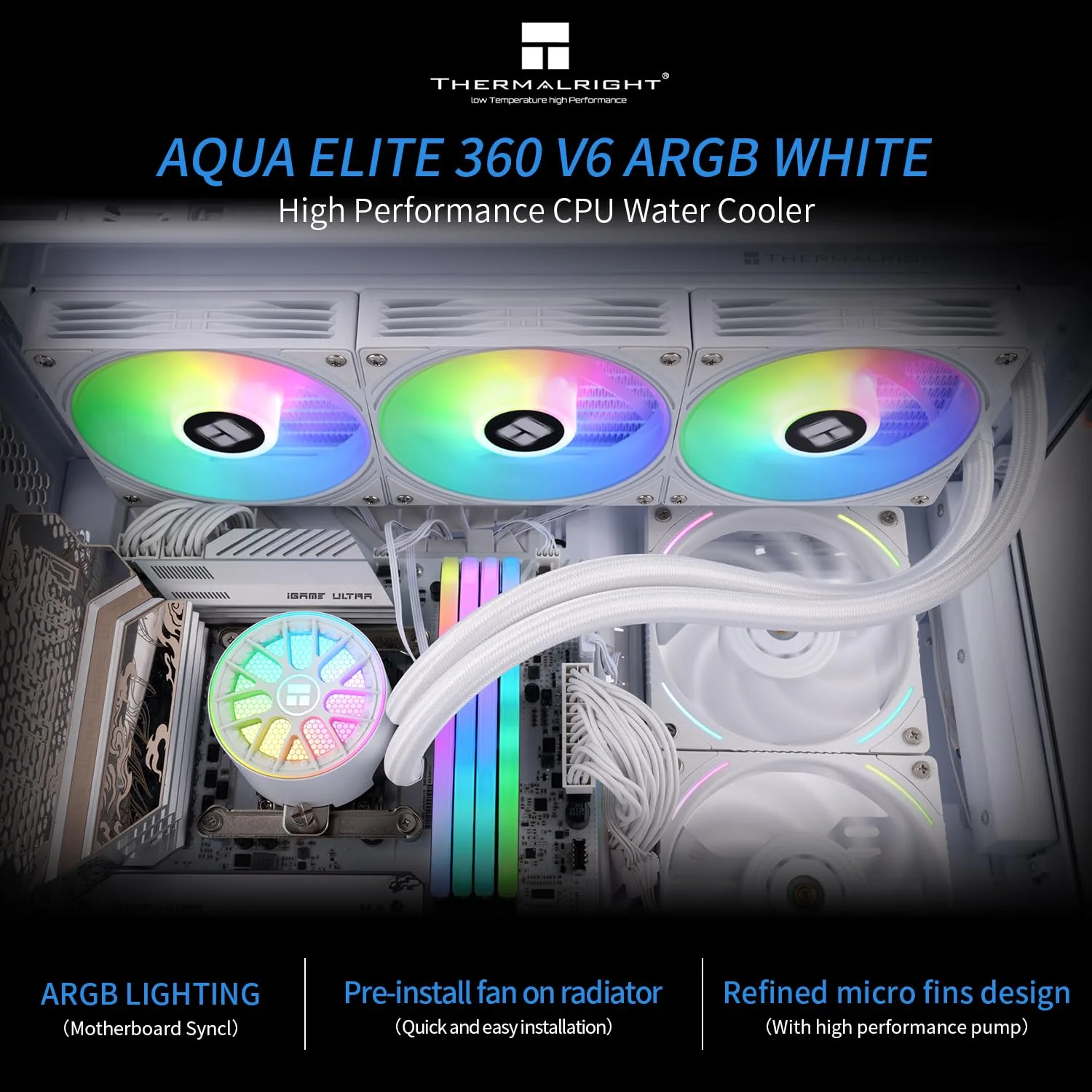 Thermalrlght Aqua Elite 360 V6 ARGB White AIO CPU Cooler, ARGB PWM Cooler Fans with 2000RPM, for Intel Lga1150/1151/1155/1156/1200/1700/1851, AMD: AM4/AM5, Case 360mm AIO Radiator