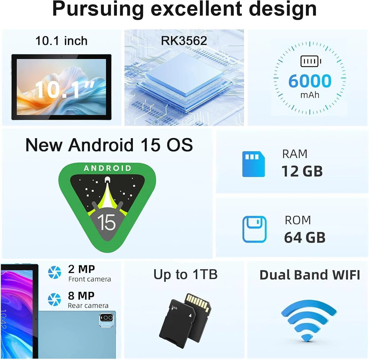 10 Inch Tablet Android Tablets 64GB 12GB RAM 10" Android Tablet Supports 1TB Expansion Dual Camera 6000mAh Long-lasting battery WiFi-6 Tableta 2 IN 1 Tablets with Bluetooth Mouse Case Stylus Keyboard