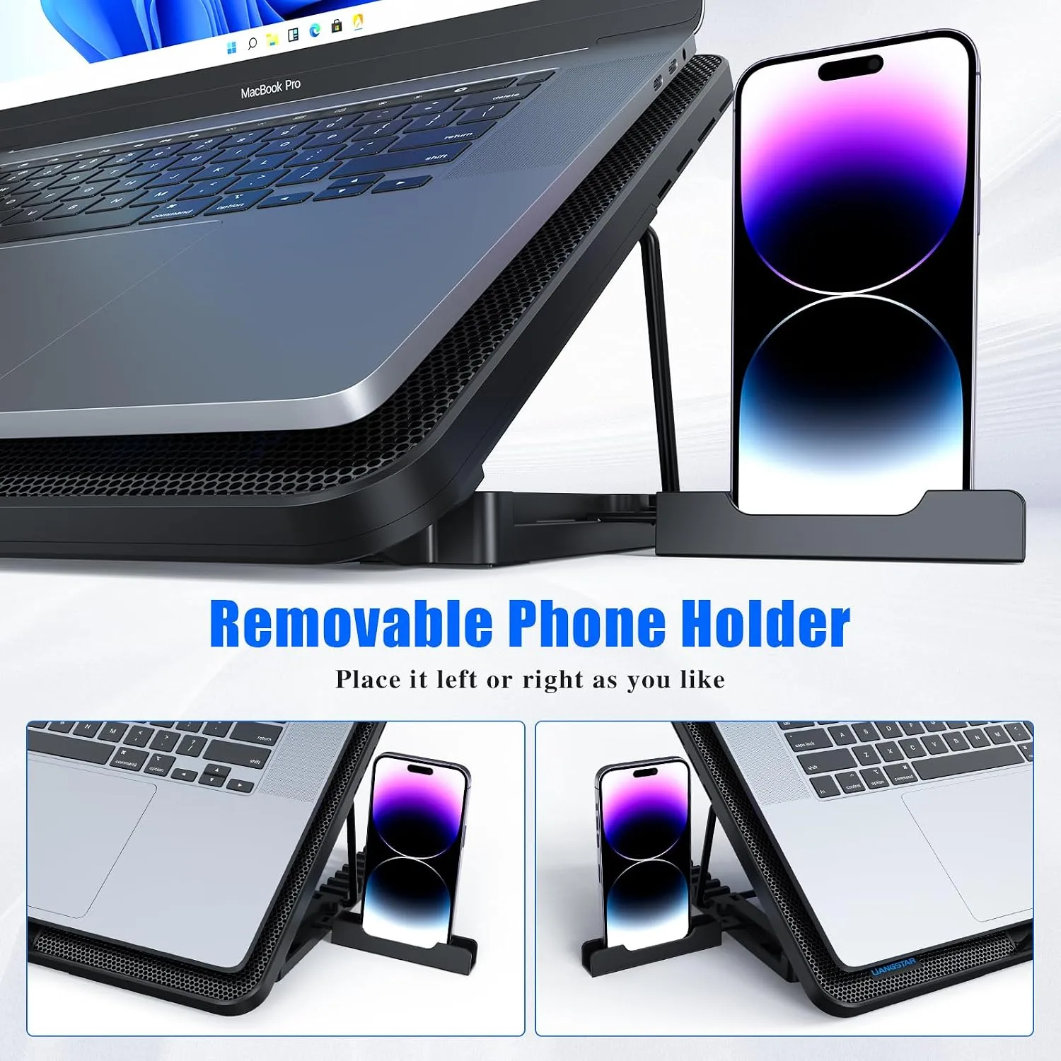 LIANGSTAR Laptop Cooling Pad, Laptop Cooler with 8 Quiet Fans for 12-17 Inch Gaming Laptop Fan Cooling Pad Stable Stand 7 Height & Wind Speed Adjustable, 2 USB Port & Phone Holder