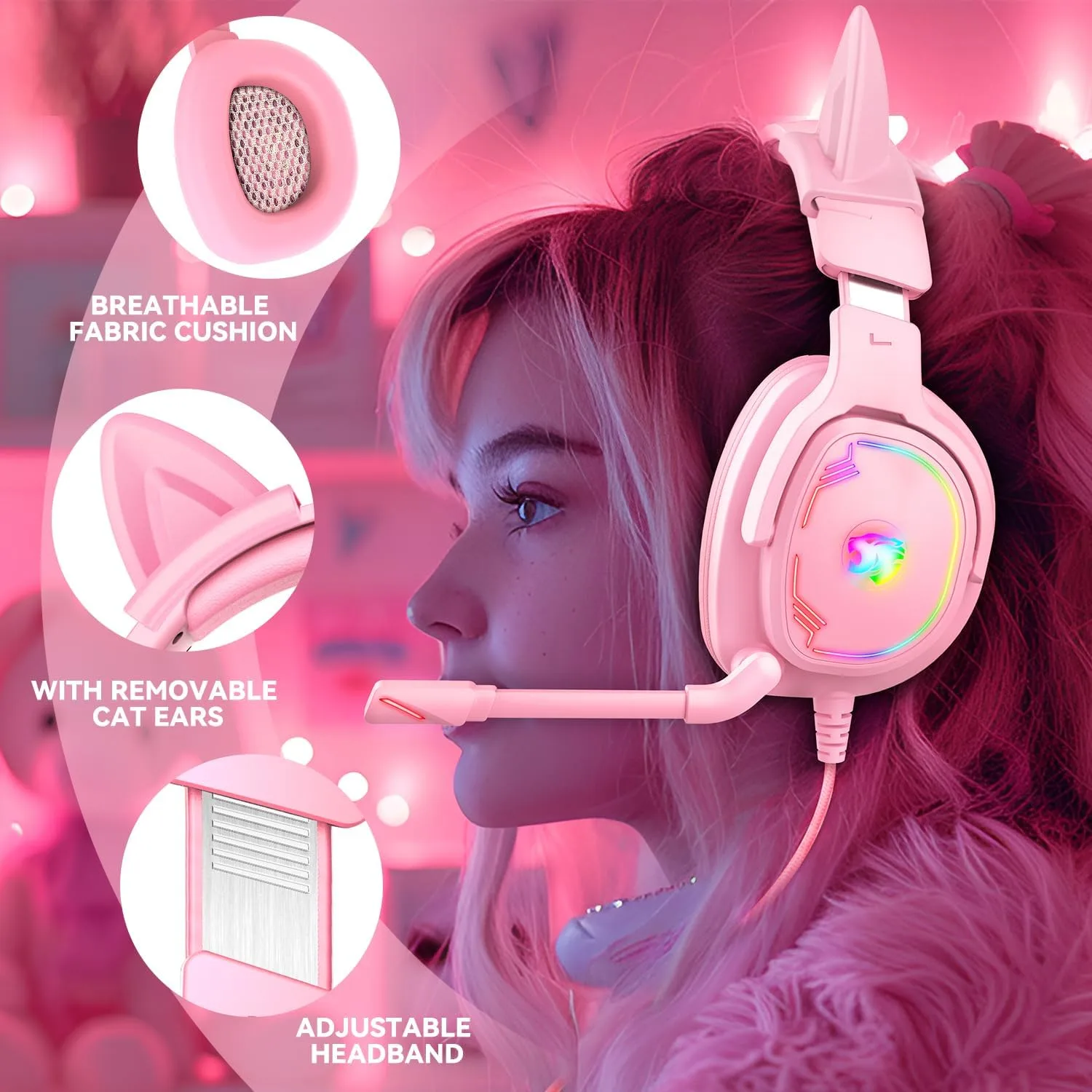 Jimonyer Gaming Headset with Microphone, 7.1 Surround Sound and Noise Canceling Over Ear Headphones for PC/PS4/PS5/Xbox Series/Switch, RGB Light and Soft Imitation Protein Earmuffs (PinkCat)
