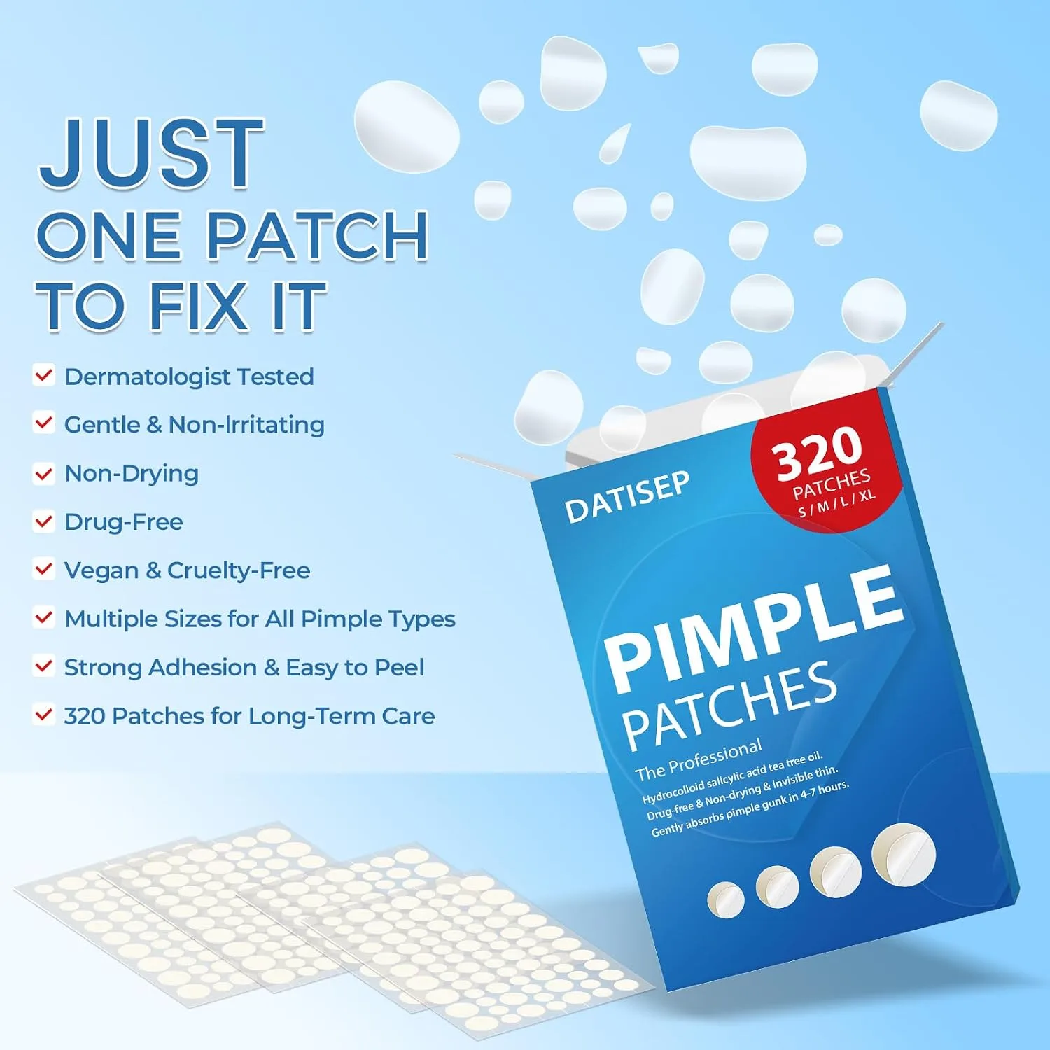 Pimple Patches for Face, 320 Count Hydrocolloid Acne Patch, 4 Sizes Zit Patches for Covering, Blemishes and Breakouts, Dots Stickers with Salicylic Acid, Tea Tree Oil & Calendula Oil