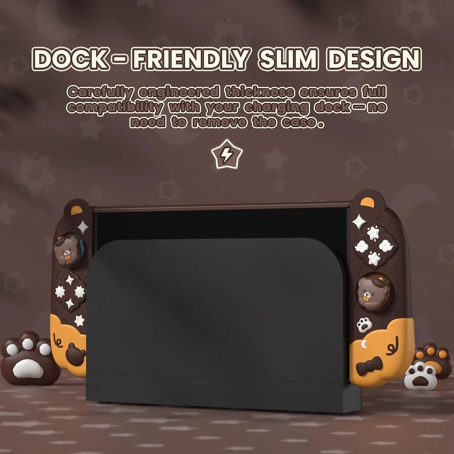 PlayVital Good Night Bear Dockable Case for Nintendo Switch 2 with Stand | Split Design Silicone Joycon Grips, PC Console Hard Shell, 2 Joystick Caps | Cute Protective Cover Bundle – Brown