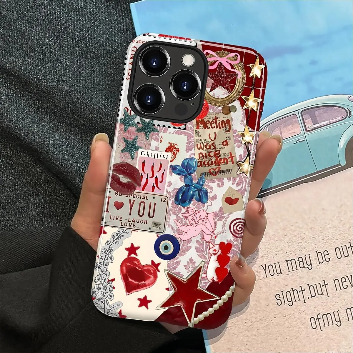 DAIZAG Case for iPhone 15 Pro Max,Mixed 2 Layer Design Shockproof Soft TPU Ddouble Protection Phone Case for iPhone 15 Pro Max-Conch Red Pearl Collage