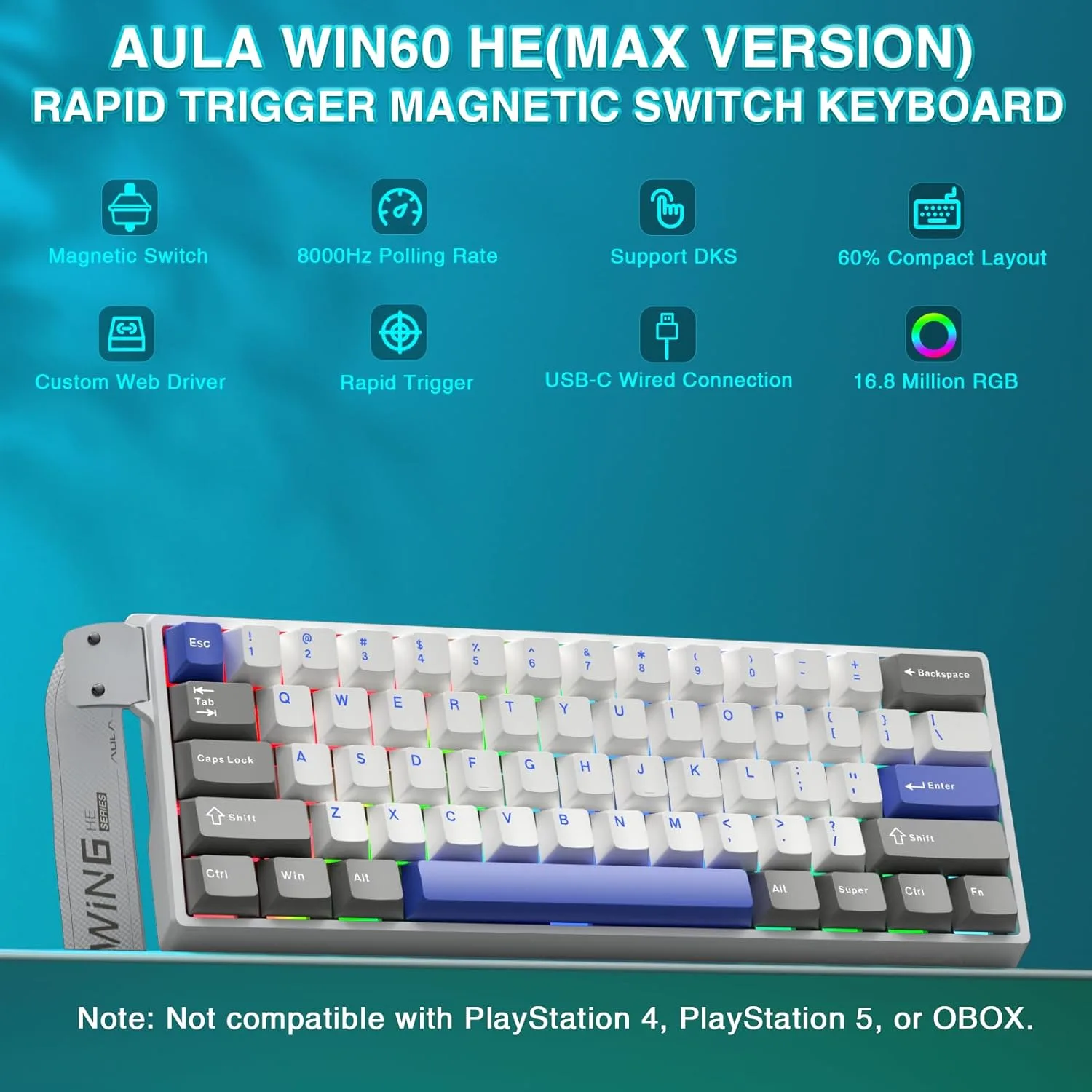 AULA WIN60 HE MAX - 60% Mechanical Gaming Keyboard Wired, Hall Effect Magnetic Switches Hot Swappable, Adjustable Actuation Rapid Trigger Mode, 8000 Hz Polling Rate, 60 Percent Keyboard Compact Design