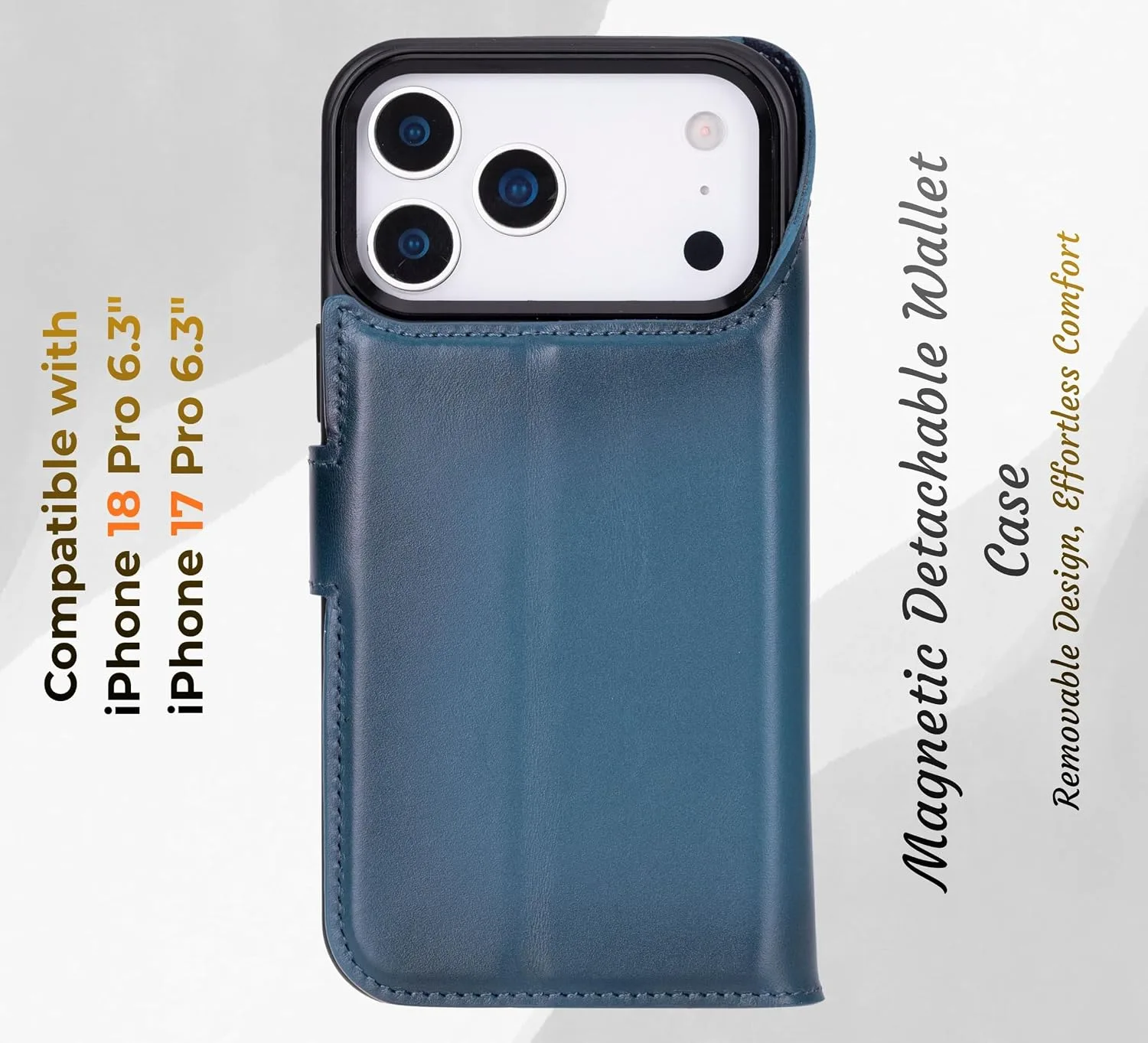 VENOULT Wallet Case for iPhone, Full Grain Genuine Turkish Leather, Magnetic Detachable, RFID 4 Card Slots, Business Style, Compatible with MagSafe (Admiral Blue, iPhone 17 Pro)