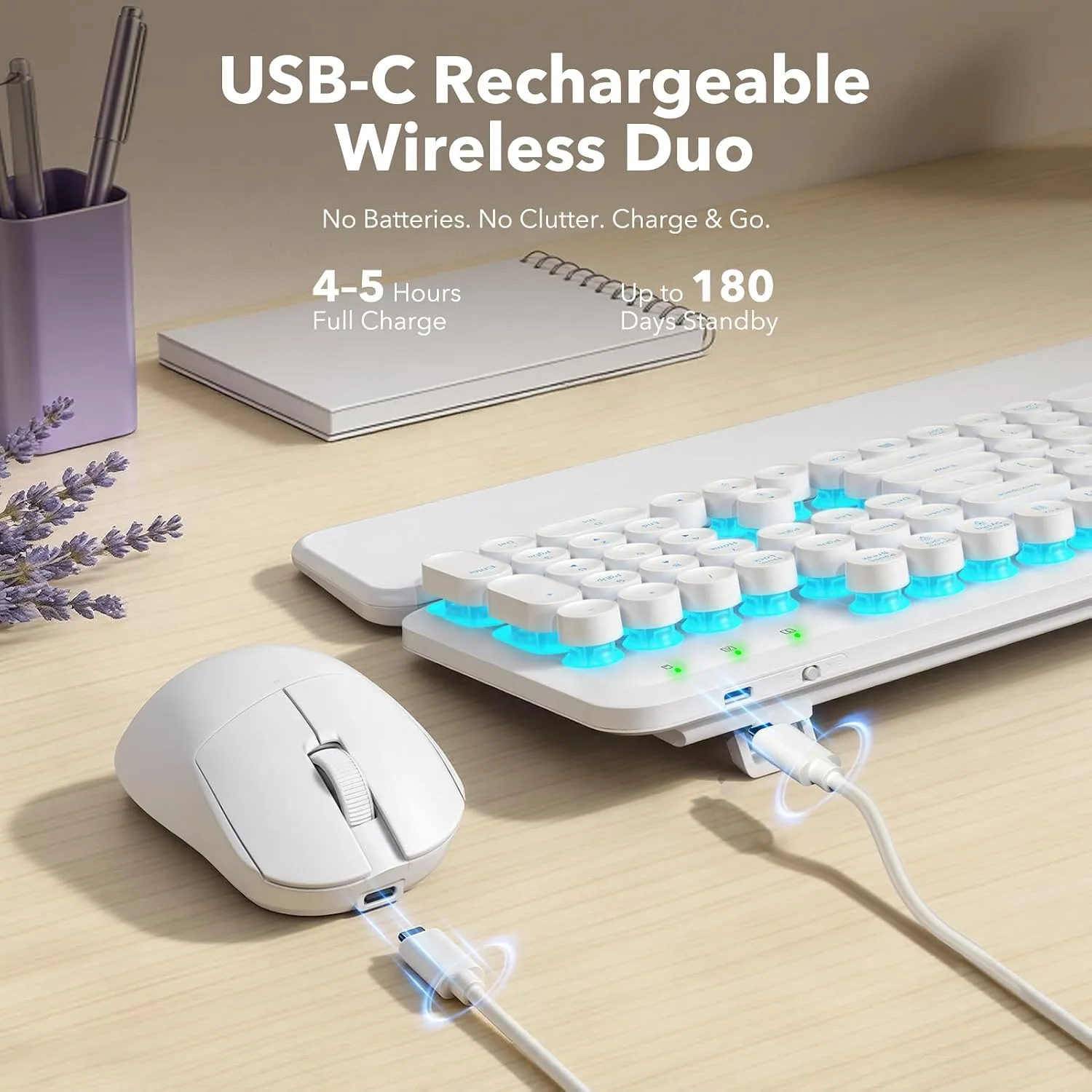 Wireless Keyboard and Mouse Combo, Magnetic Wrist Rest, Glowing White