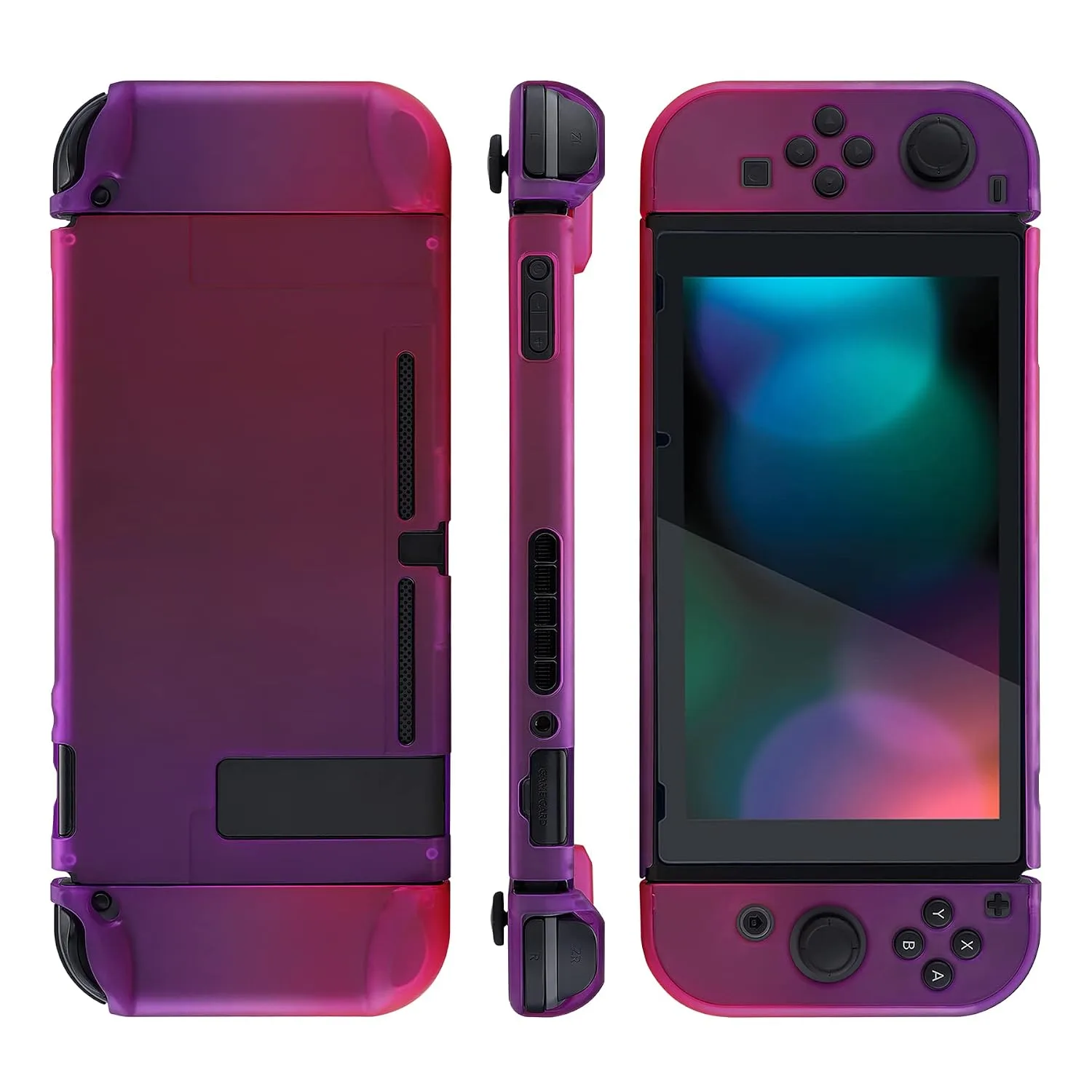 eXtremeRate PlayVital Unique Cover for Nintendo Switch, Protective Case Protector for Switch - Shock-absorbent Anti-Scratch Dockable Durable Hard Shell, Clear Atomic Purple Rose Red (NOT for Switch 2)