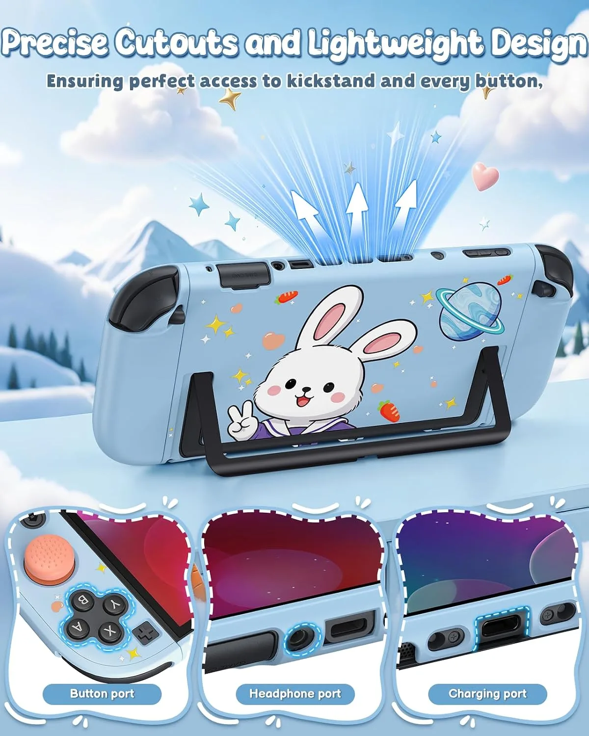 Switch 2 Cute Case,FYOUNG Dockable Kawaii Blue Bunny Protective Cover Shell