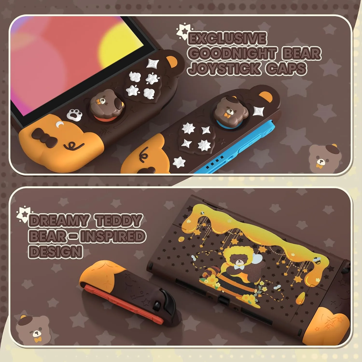 PlayVital Good Night Bear Dockable Case for Nintendo Switch 2 with Stand | Split Design Silicone Joycon Grips, PC Console Hard Shell, 2 Joystick Caps | Cute Protective Cover Bundle – Brown
