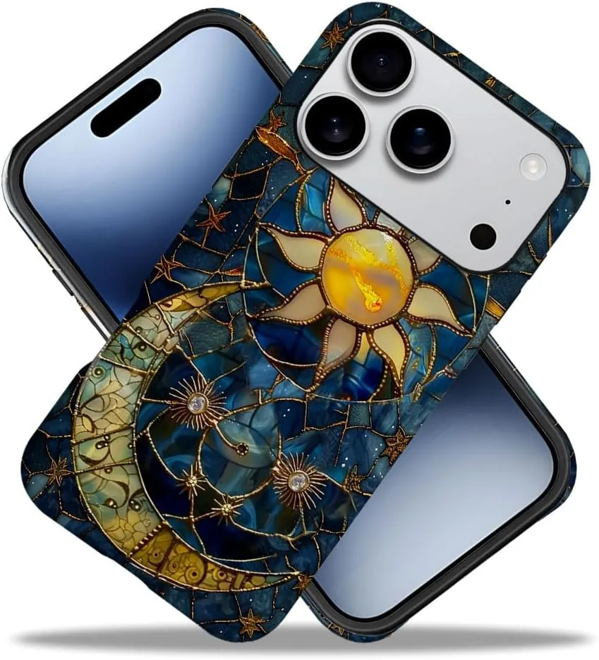 Case Compatible with iPhone 18 Pro/iPhone 17 Pro,Fall Prevention Hybrid 2-Layer Hard Shell Phone Cover for Girls Boys,Sun Moon Celestial Glass