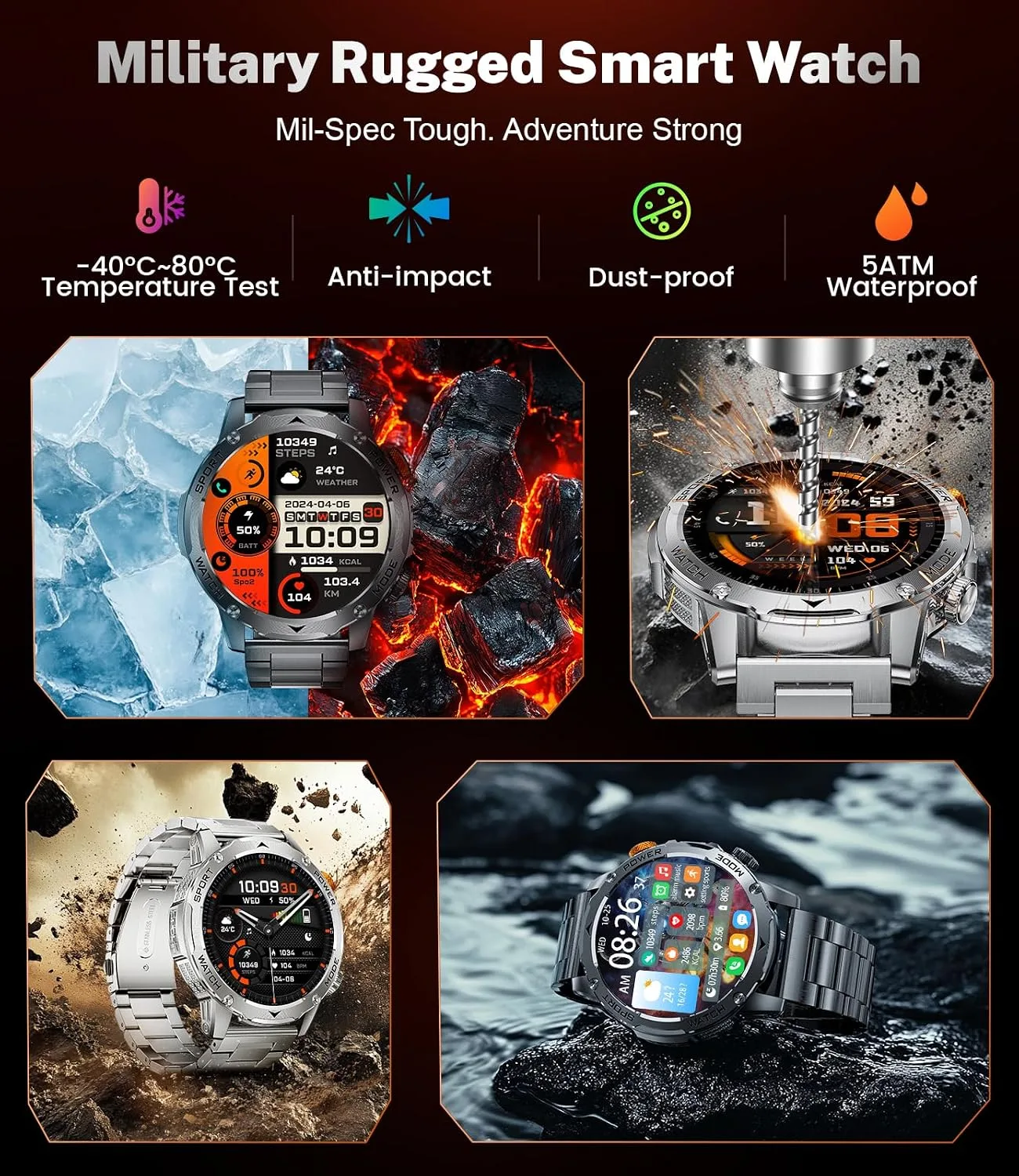 Smart Watch for Men with 1000mAh Battery/Flashlight, 1.75'' Military Smartwatch with 5ATM Waterproof/Heart Rate/Sleep Monitor,Answer Make Calls Fitness Tracker for Android iPhone Midnight