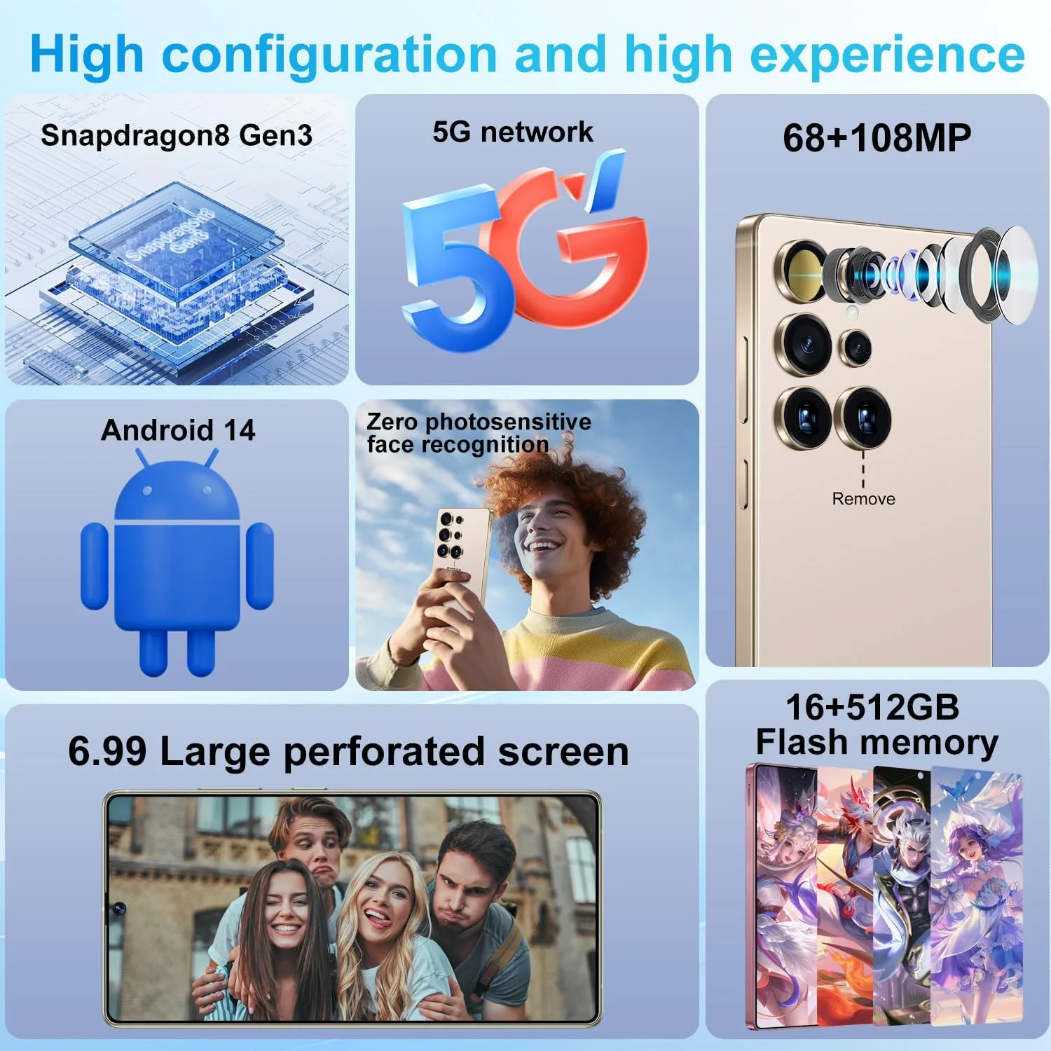 Huness S25 Ultra Unlocked Phone,Built in Pen The Phone,Cell Phone Battery 7000mAh 6.99" HD Screen,Android 14 16+512GB Smartphone,Dual SIM/5G/Face ID/Fingerprint Lock/GPS (Gold, 16+512)