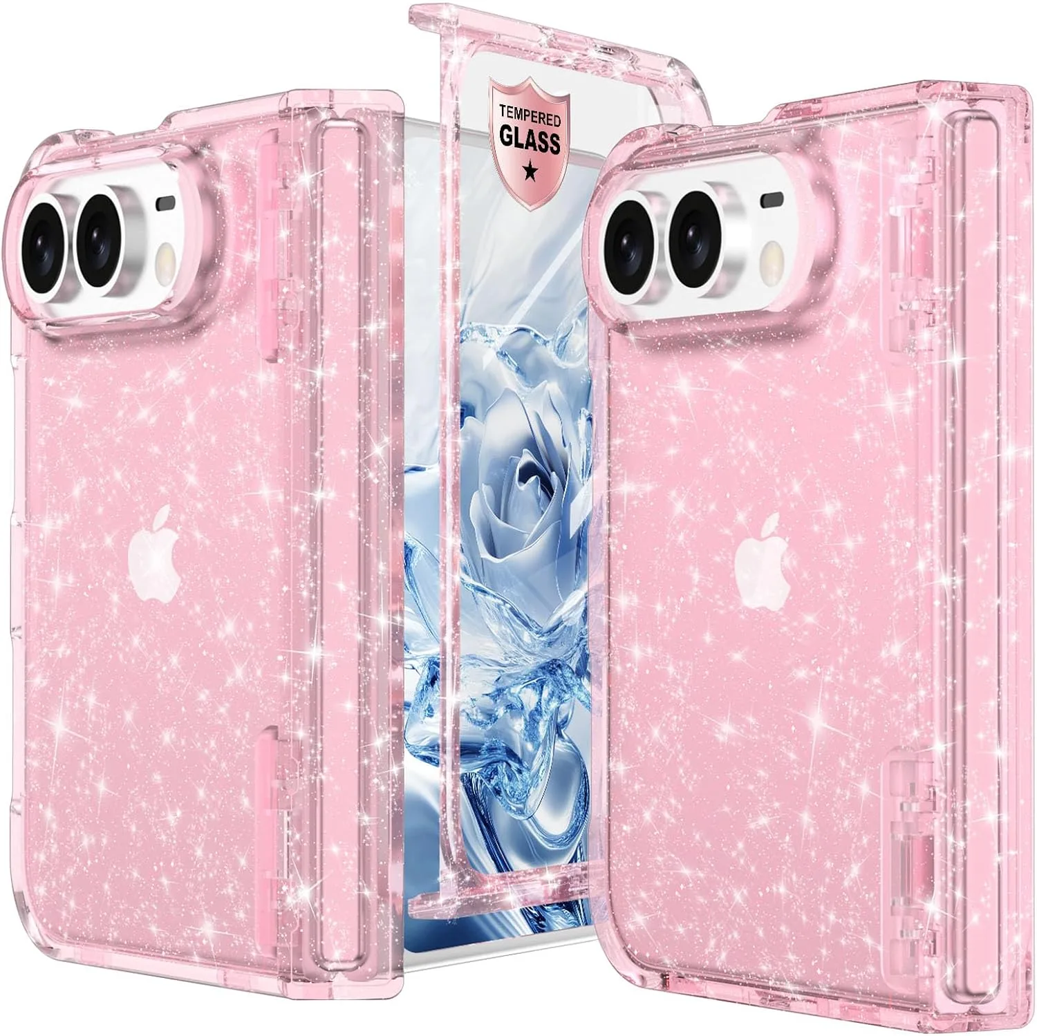 For iPhone Duo Case Clear Sparkle with Hinge Protection Pink Glitter
