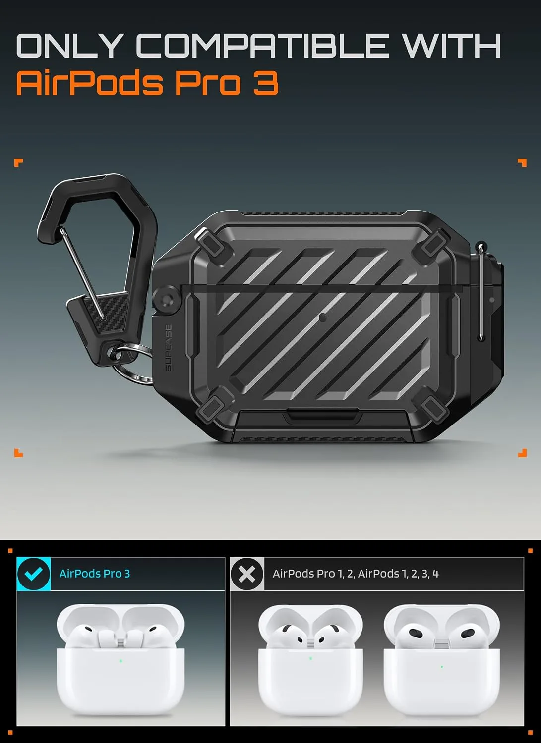 SUPCASE for AirPods Pro 3 Case with IP68 Waterproof, Lock & Carabiner,Black