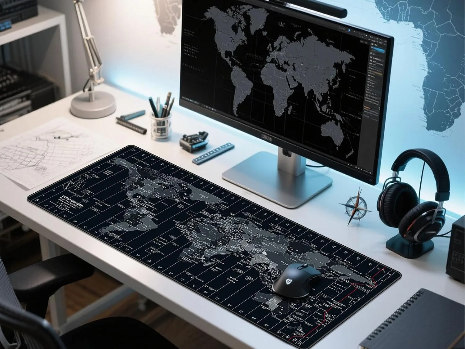 Large Mouse Pad 35.4x15.7 Inch World Map - XXL Gaming Desk Mat with Non-Slip Rubber Base, Stitched Edges | Keyboard and Mouse Pad for Gaming/Office | Portable Desk Pad