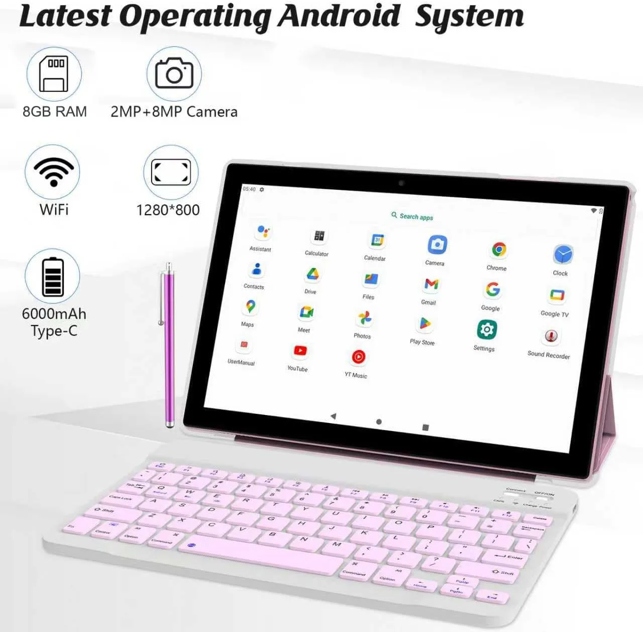 2 in 1 Tablet 10 Inch Android 15 Tableta, Tablets with Keyboard Mouse Case Stylus, 8GB RAM 32GB ROM Supports 1TB Expansion, 2MP+8MP Dual Camera Quad Core Processor 6000mAh Battery 10.1 IN FHD Tab Pink