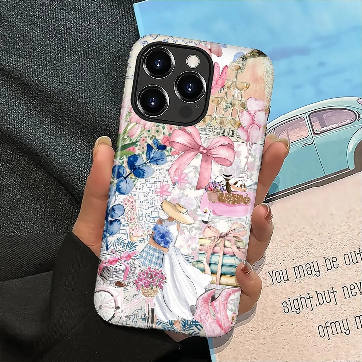 DAIZAG Case for iPhone 16 Pro Max,Mixed 2 Layer Design Shockproof Soft TPU Ddouble Protection Phone Case for iPhone 16 Pro Max-Magazine Books Flower Bow Collage
