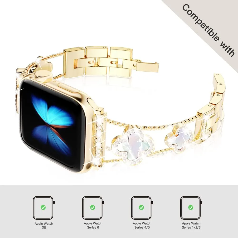 Musk-MSKR Diamond Metal Bands Add Sparkle to Your Watch For Apple Watch Series 11/10/9/8/7/6/5/4/3/2/SE/Ultra Clover Simple and Stylish Compatible with 38mm40mm41mm42mm44mm45mm 46mm49mm Women's Wear