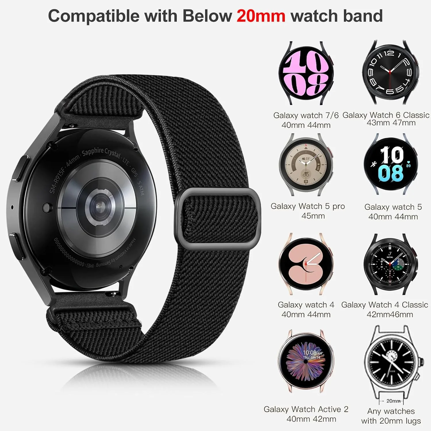 Lerobo Elastic Bands Compatible with Samsung Galaxy Watch 7/6/5/4 40mm 44mm/Watch 6 Classic 43mm 47mm/Watch 5 Pro 45mm/Watch 4 Classic/Active 2/FE,20mm Soft Breathable Sport Band for Galaxy Watch 4