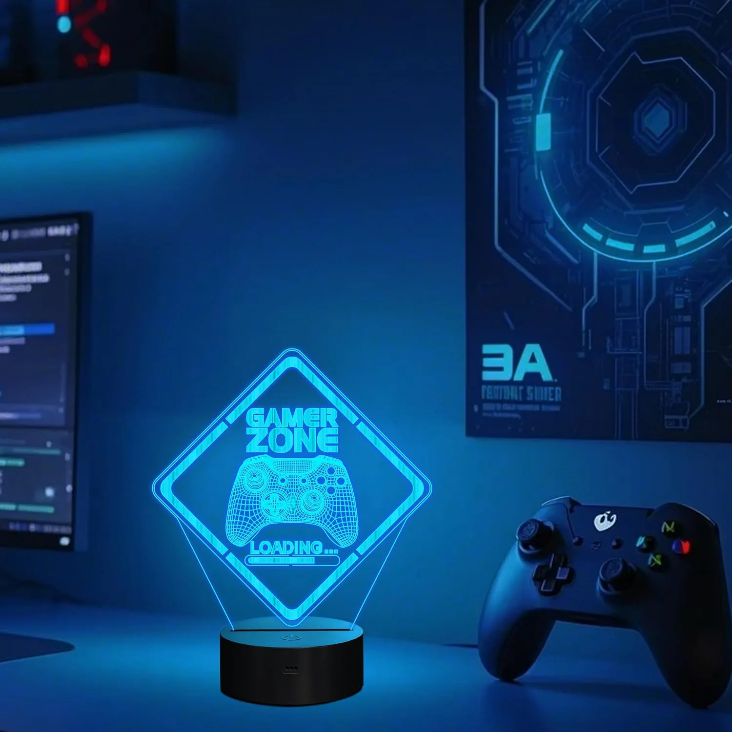 YuanDian Gamer Zone Night Light,Gamepad Gamepad Graphic Video Games Gamer Gift Funny 3D Illusion Lamp 16 Colors Changing Touch & Remote Control for Men Teenagers and Kids