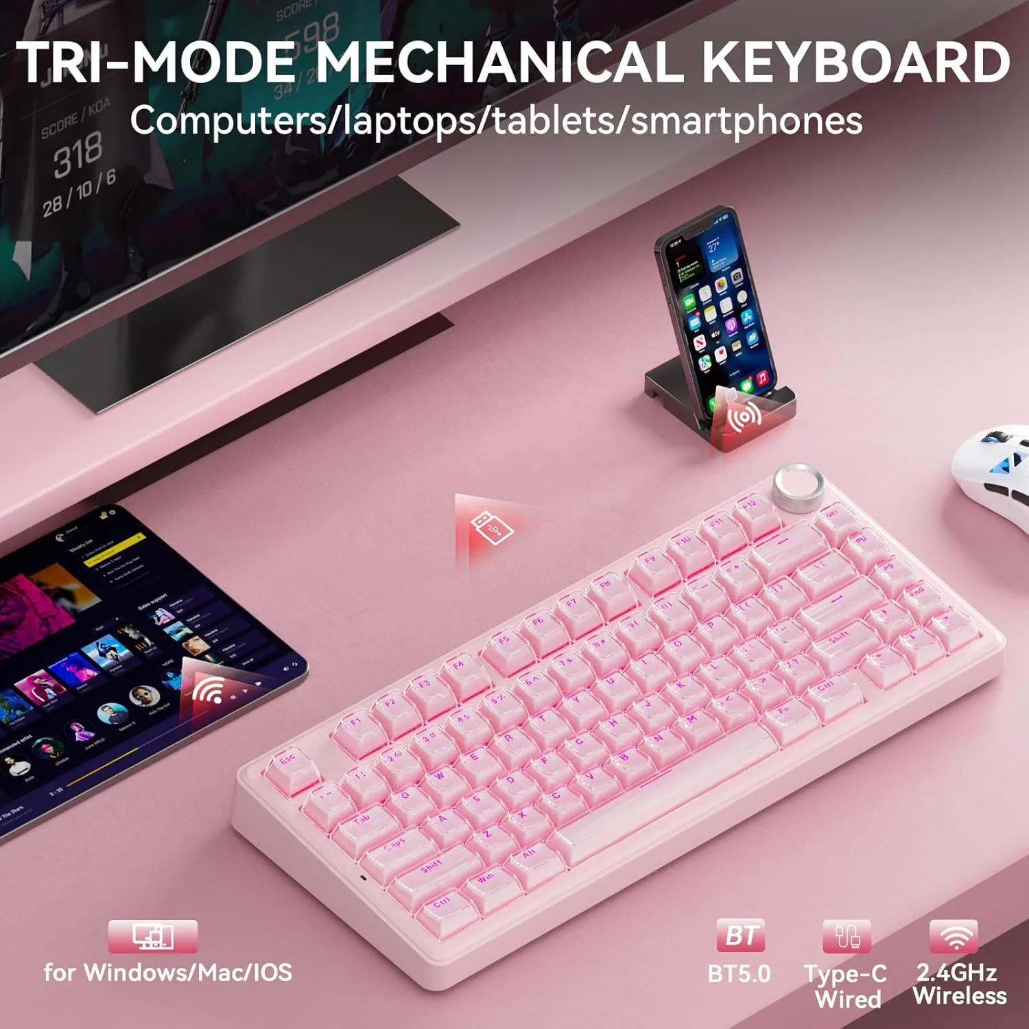 SOLAKAKA A75 Wireless Gaming Keyboard with Multifunction Knob, BT5.0/2.4GHz/USB-C, 75% Mechanical Keyboard, Hot-Swappable, Gasket Creamy Keyboard with RGB Backlit, Crystal Keycaps, for PC/Mac