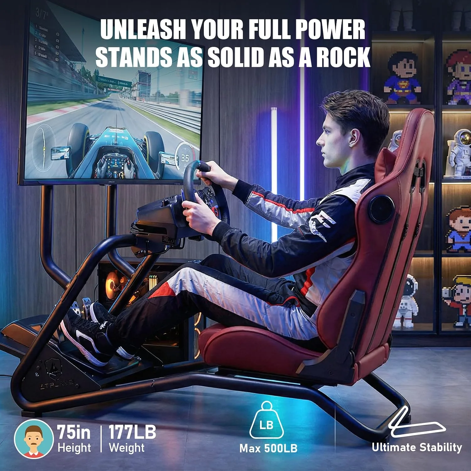 GTPLAYER Racing Simulator Cockpit with Monitor Stand and Seat and Bluetooth Speakers, Racing Style Reclining Seat and Ultra-Sturdy Alloy Steel Frame Racing Wheel Pedals NOT Included, Winered