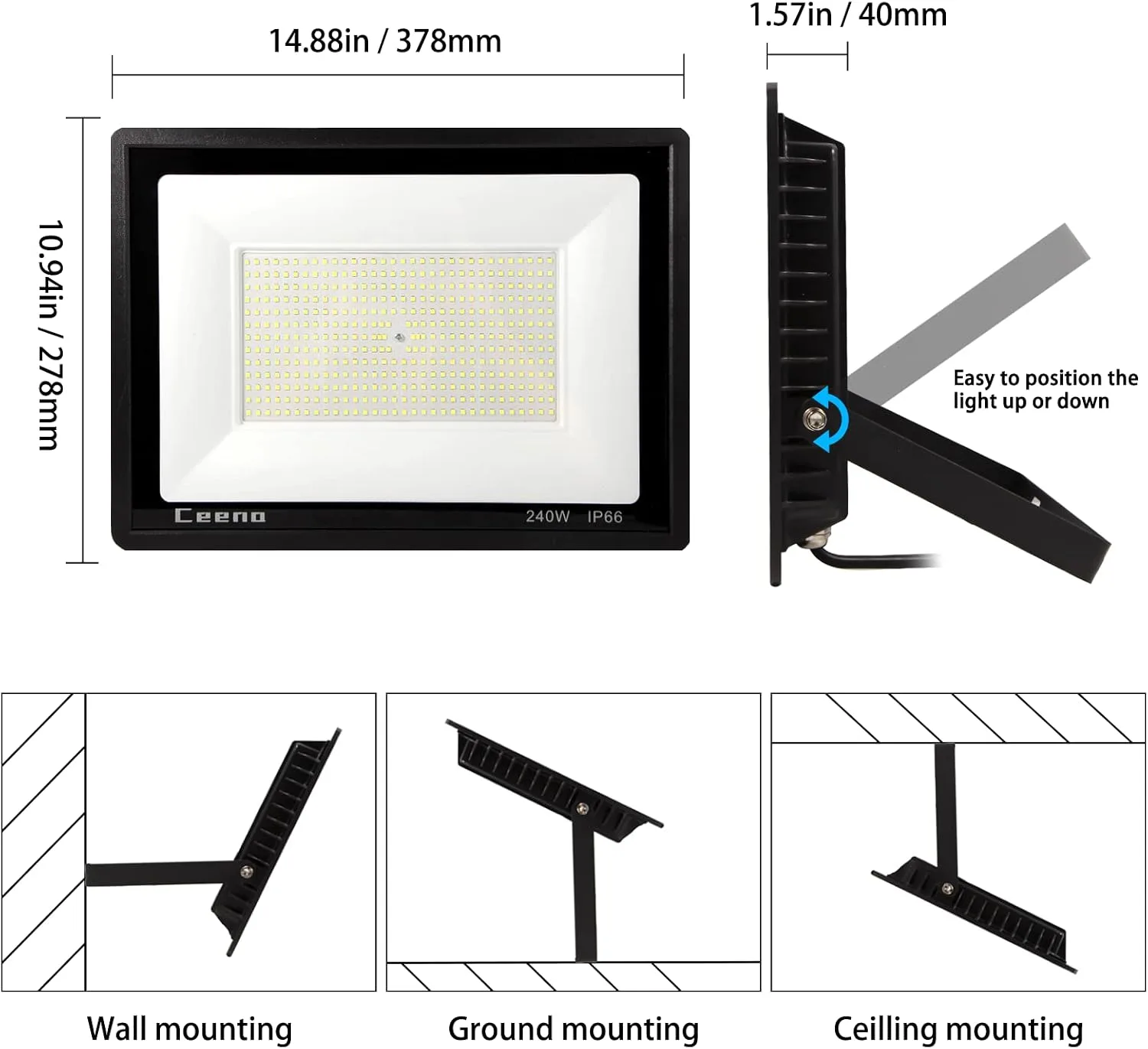 Ceena 2 Pack 240W Plug in LED Flood Light Outdoor, 24000lm Super Bright Floodlight with 5.9FT Wire, IP66 Waterproof 6000K LED Work Light for Basketball Court, Playground, Stadium