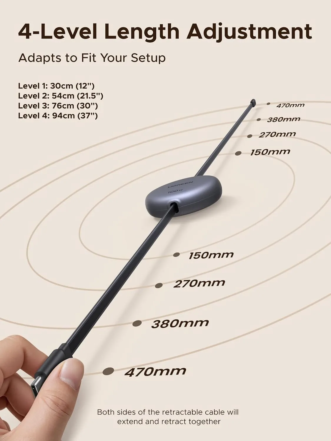 UGREEN 100W Retractable USB C Cable, Fast Charging, Black, 3.3ft