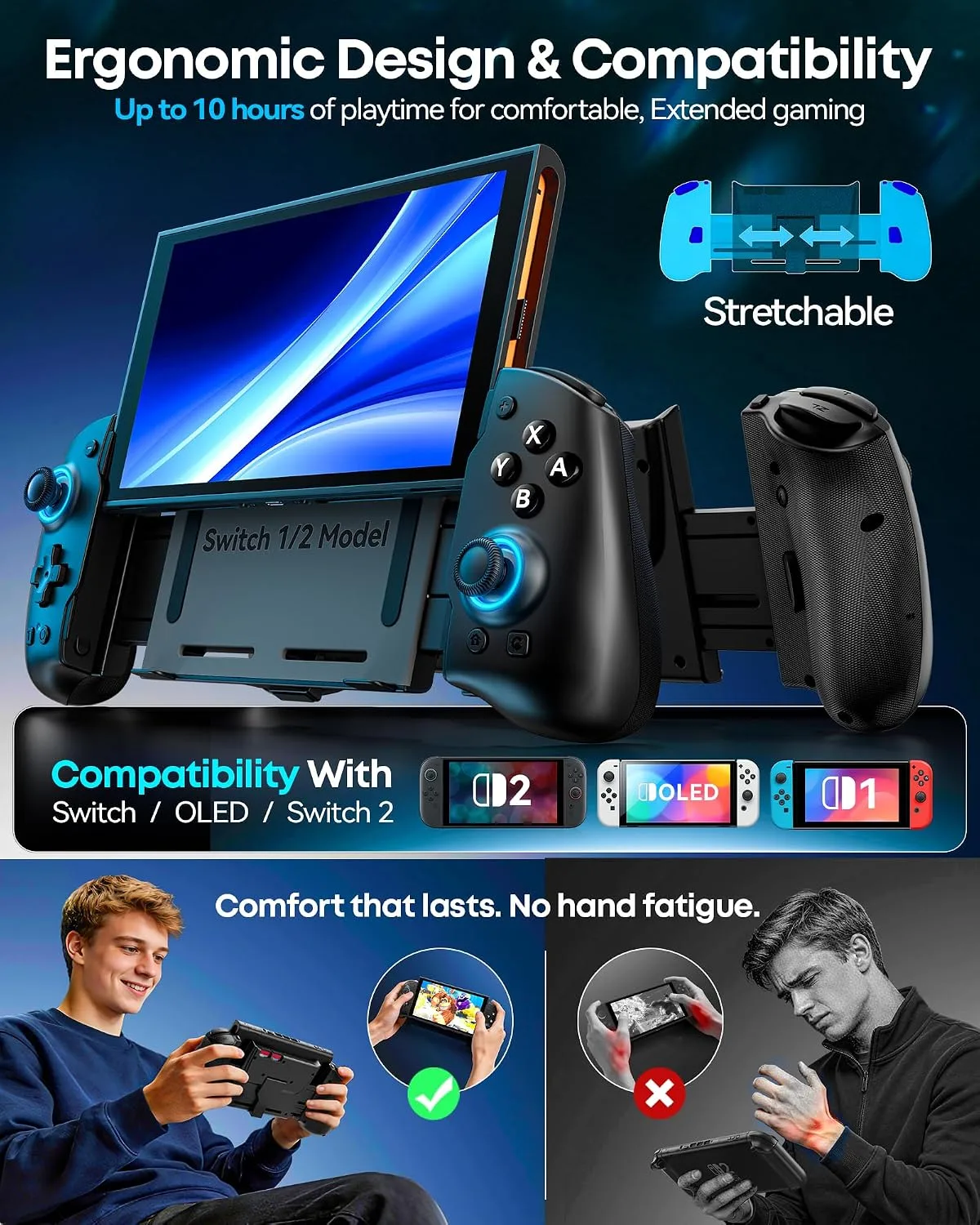OIVO Switch 1/2 Controller for Original/OLED/Switch 2 Games Console, Stretchable Switch Handheld Joypad Ergonomic Grip for NS Pro Controller with RGB Lighting, TMR Joystick, Turbo, 4 Macro- Black