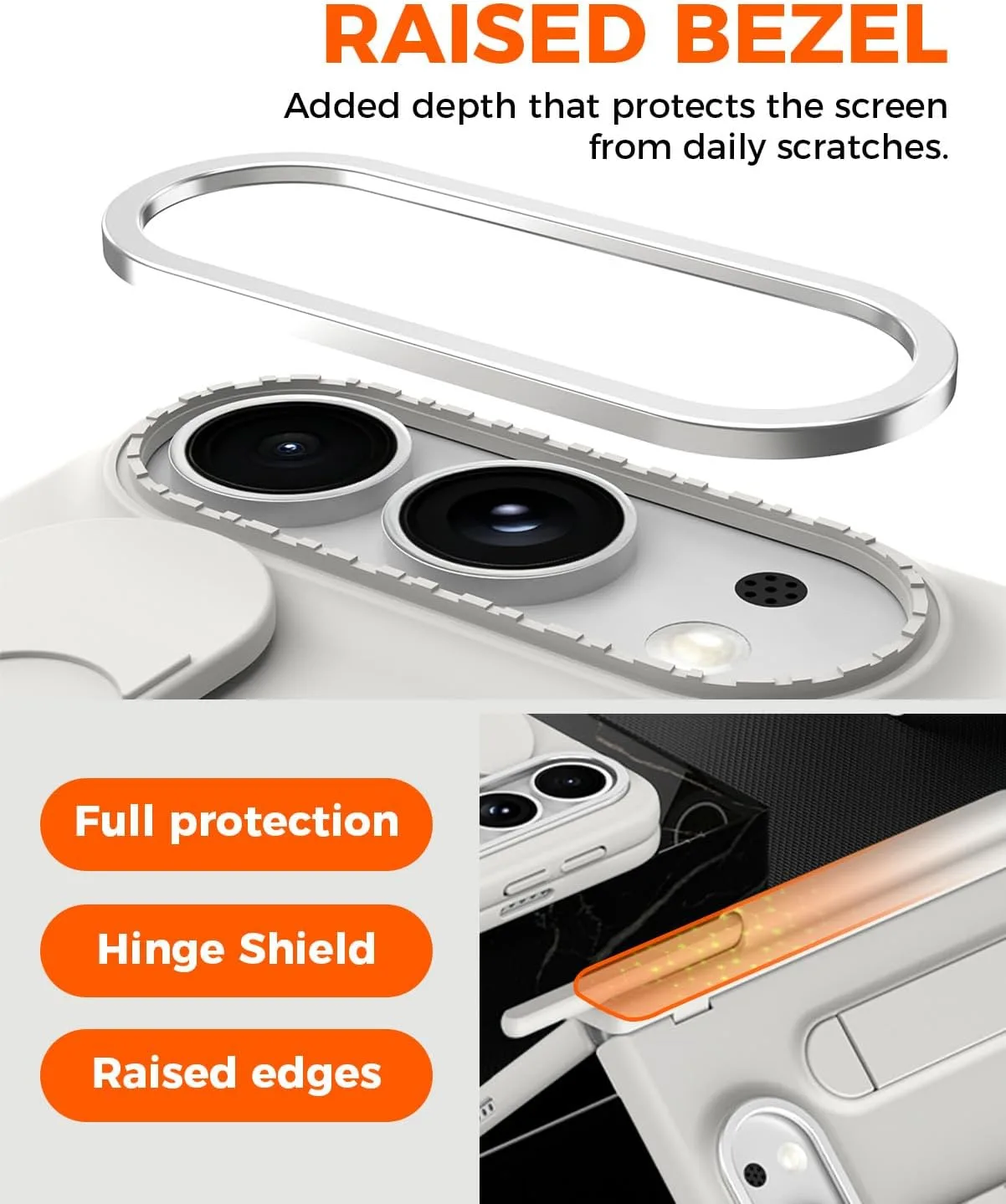 NINKI Stylus for iPhone Duo Case with Pen Holder & Hinge Protection, Built-in Wristband with Hidden Kickstand, Thin Full Body Screen Protective Phone Case for iPhone Duo Cover with Stand Womens White