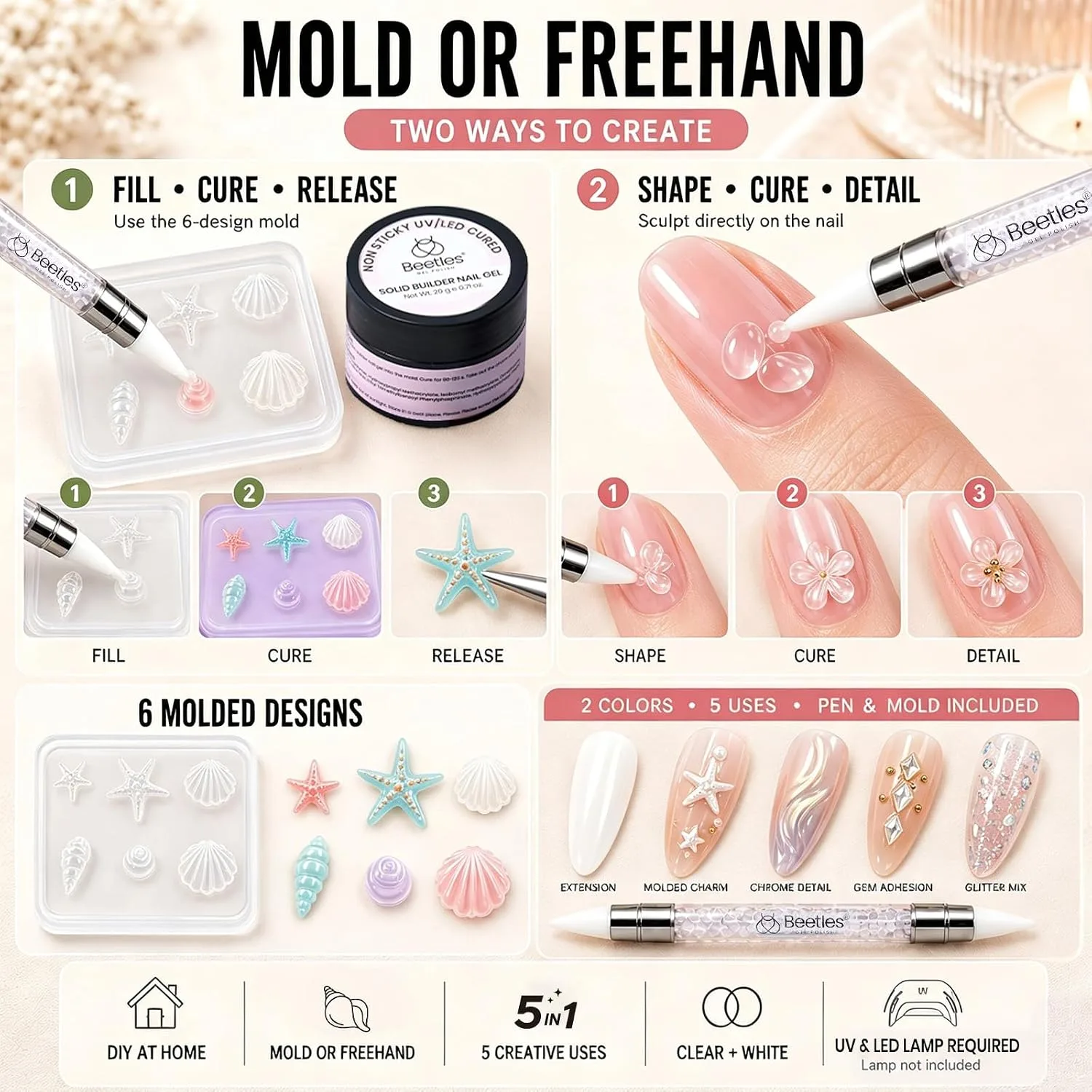 Beetles 3D Gel Nail Art, 2 Pcs Clear & White with Sculpting Pen and 3D Mold