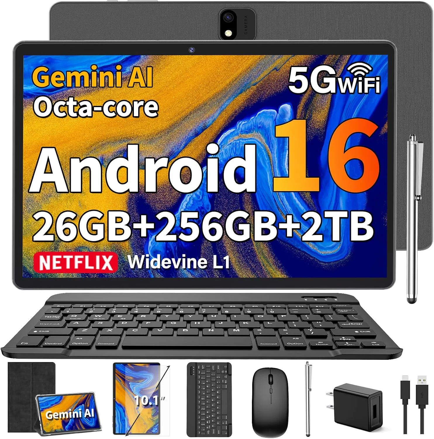 Android Tablet, 2026 Android 16 Tablet with Keyboard, 32GB+256GB, Gemini AI