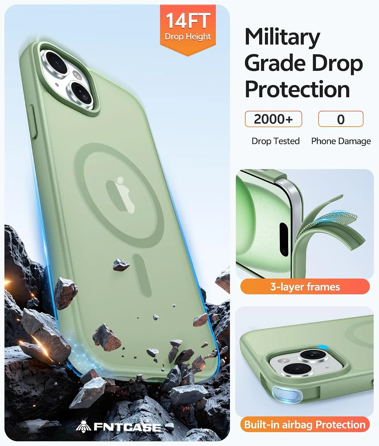 FNTCASE for iPhone 15/14/13 Case, Fit for Magsafe, Light Moss