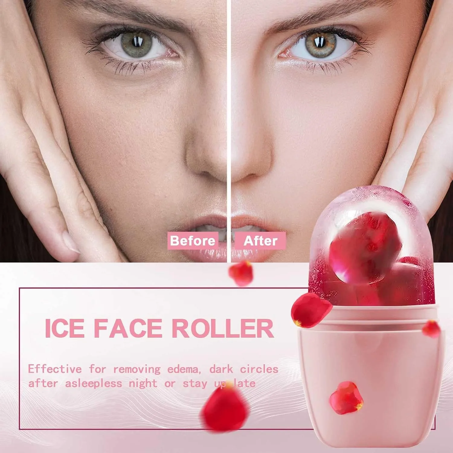 XHJRI Ice Face Roller Massager,Ice Cube Roller for Face, Eyes and Neck Naturally Conditioning and Skin Care,De-Puff Eye Bags,Reduce Migraine Pain,Reusable Massage Silicone Ice Mold (New Pink White)