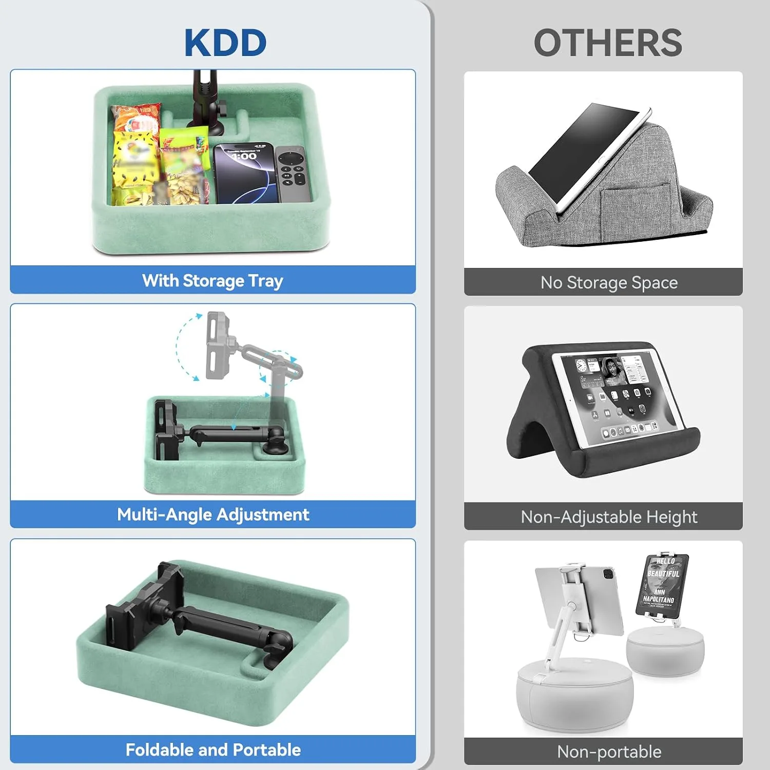 KDD Tablet Pillow Stand - Multi-Angle Adjustable iPad Holder for Lap, Bed and Desk - Foldable Kindle Soft Pad Dock with Storage Tray Compatible with iPad Pro 12.9, Air Mini, Phone, E-Reader