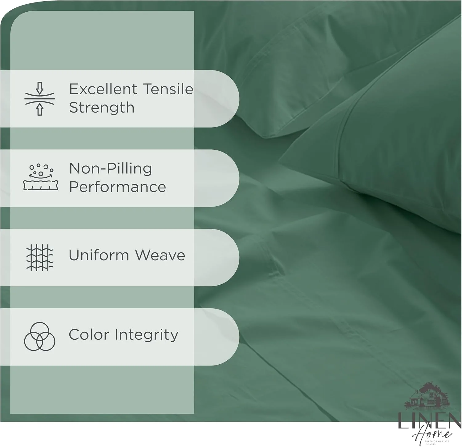 Linen Home 100% Cotton Percale King Sheets, 4Pc Cooling Set - Frosty Green
