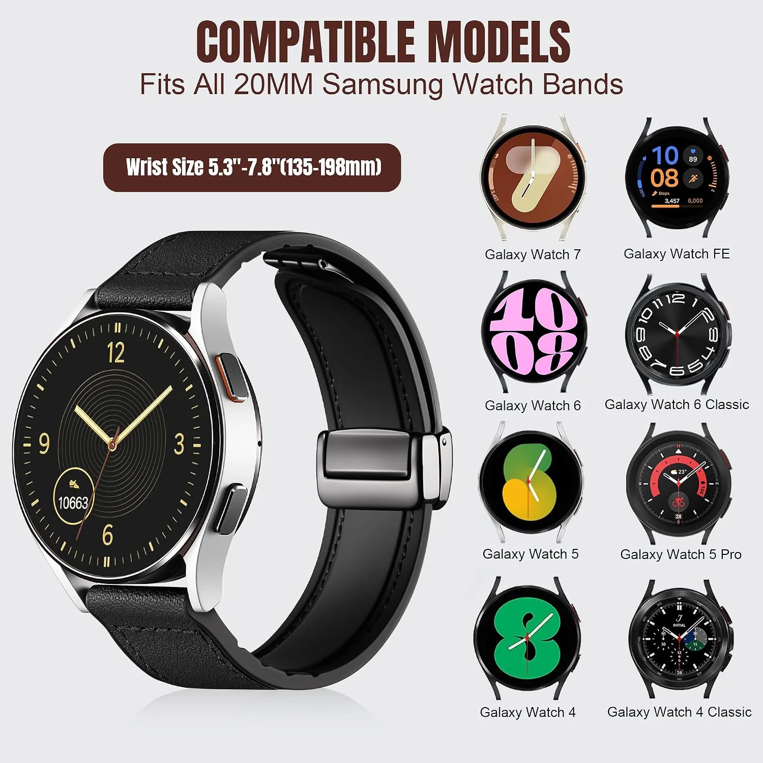 Charlam Magnetic Leather Bands Compatible with Samsung Galaxy Watch 7 Band 6 5 4 FE Active 2 40mm 44mm/Watch 6/4 Classic/Watch 5 Pro/3, 20mm Genuine Leather Straps for Samsung Watch Bands Men Women